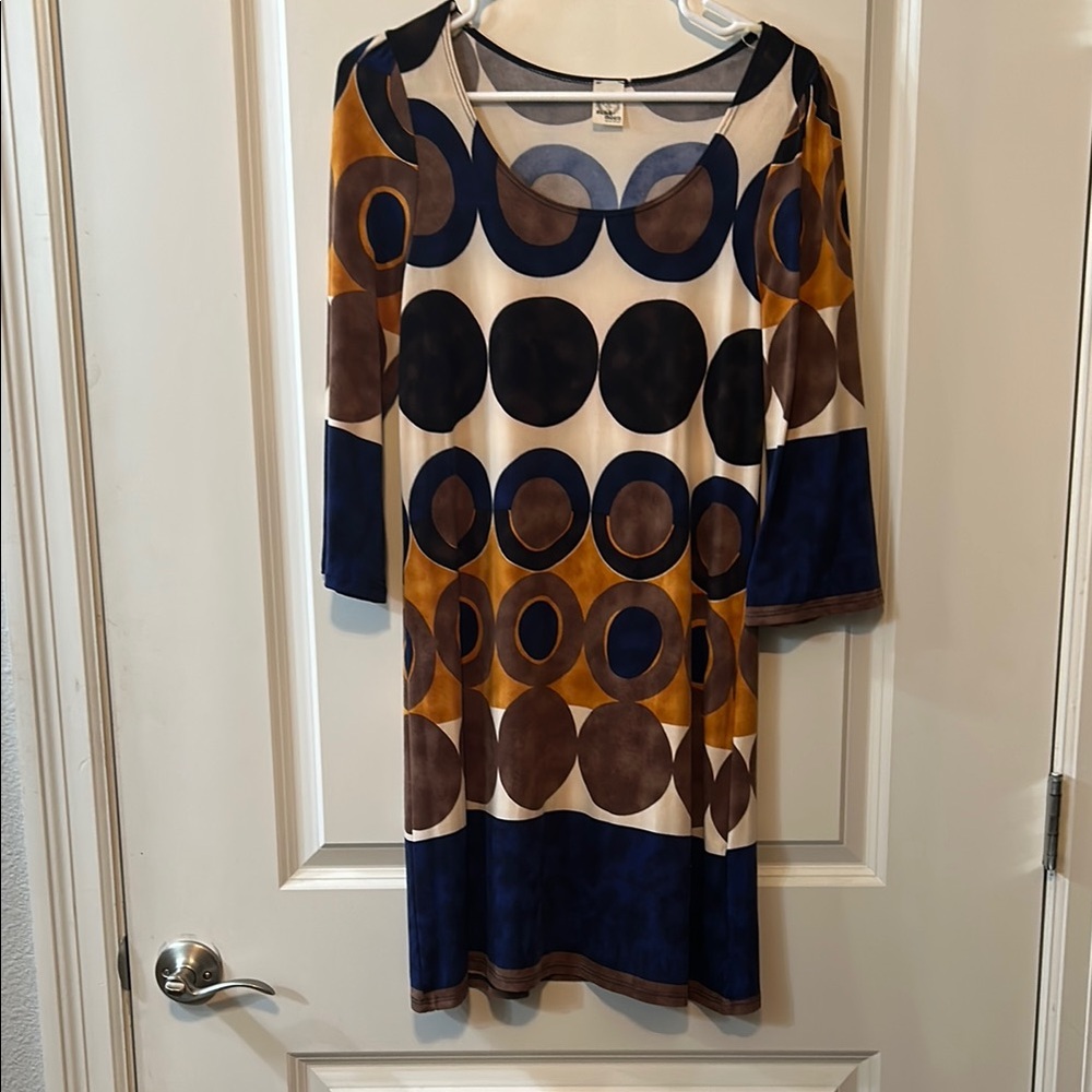 Women’s Sun & Moon Geometric Patterned Dress - Blue, Brown, and Gold